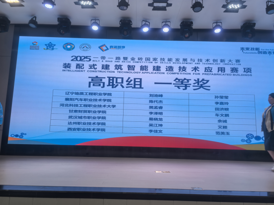 在2025 年 “一带一路” 暨金砖国家技能发展与技术创新大赛装配式建筑智能建造技术应用赛项全国总决赛中荣获一等奖